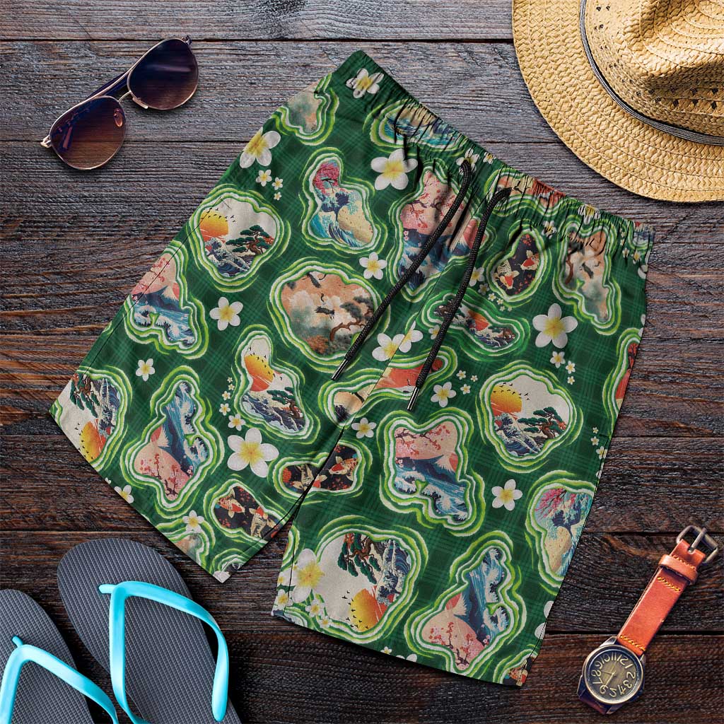 Hawaiian and Japanese Culture Together Shorts for Men Hawaiian Island Shapes with Japanese Landscape Green Color