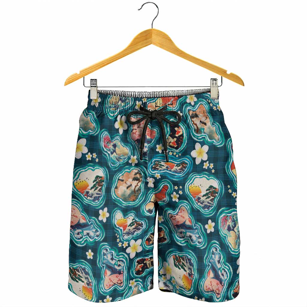 Hawaiian and Japanese Culture Together Shorts for Men Hawaiian Island Shapes with Japanese Landscape Teal Color LT03 - Polynesian Pride