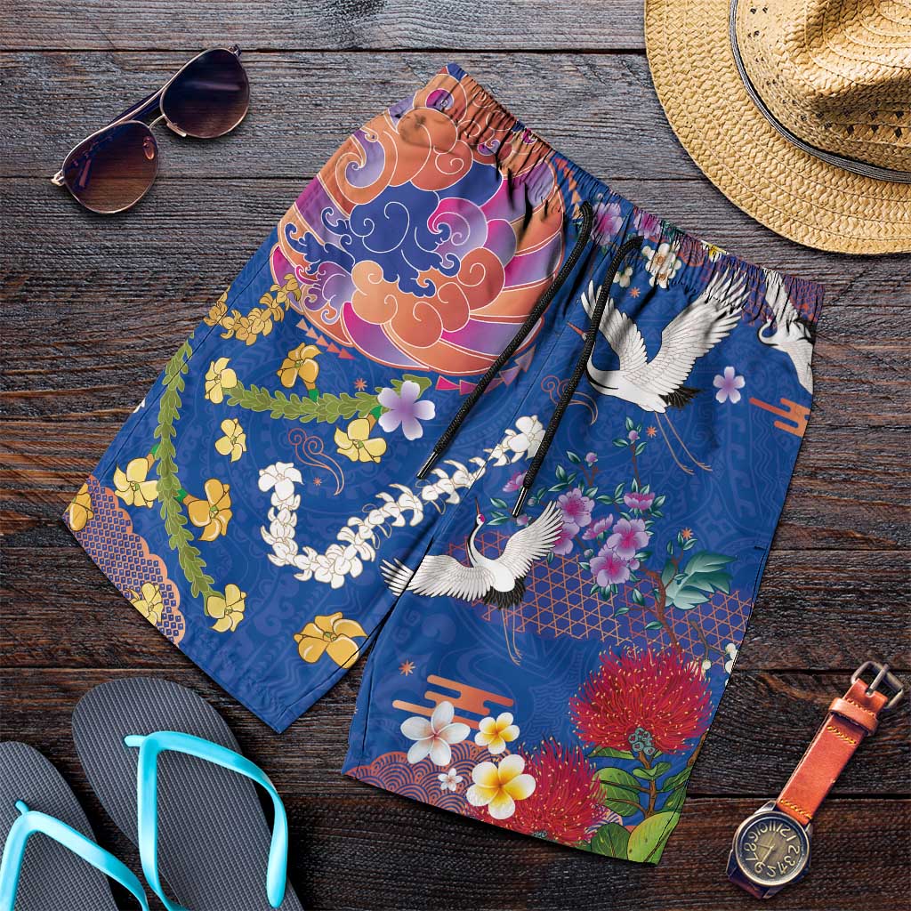 Hawaiian and Japanese Culture Together Shorts for Men Kakau Tribal Pattern and Irezumi Art Blue Color LT03 Blue - Polynesian Pride