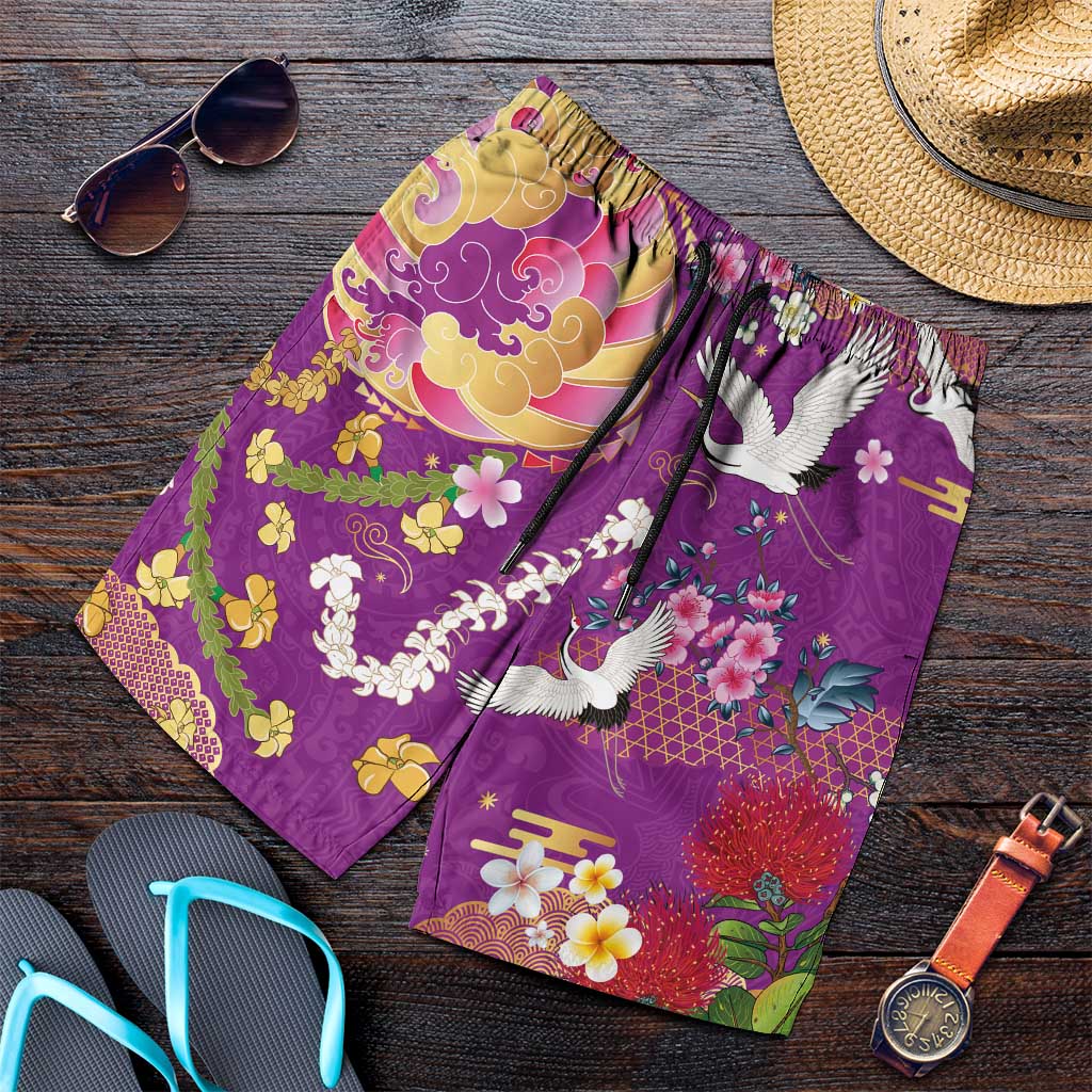 Hawaiian and Japanese Culture Together Shorts for Men Kakau Tribal Pattern and Irezumi Art Purple Color LT03 Purple - Polynesian Pride