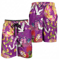 Hawaiian and Japanese Culture Together Shorts for Men Kakau Tribal Pattern and Irezumi Art Purple Color