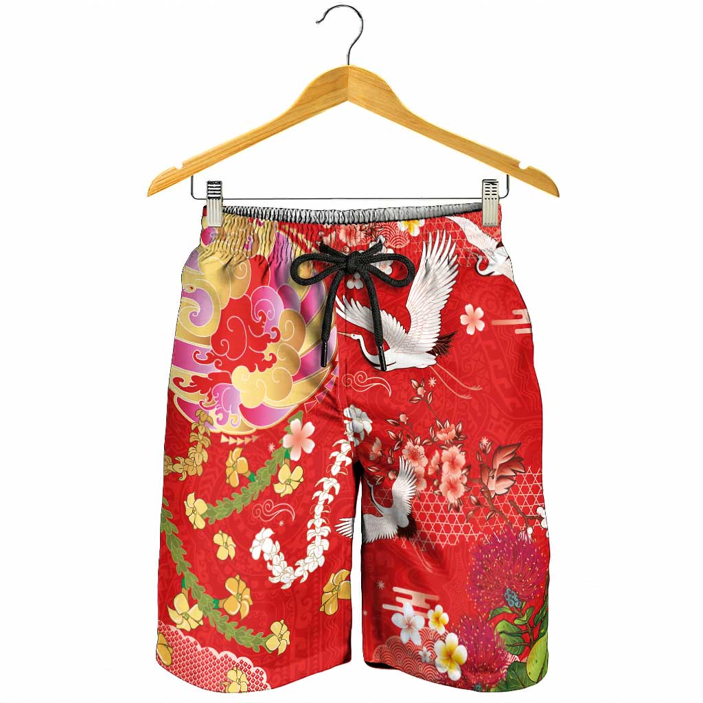 Hawaiian and Japanese Culture Together Shorts for Men Kakau Tribal Pattern and Irezumi Art Red Color