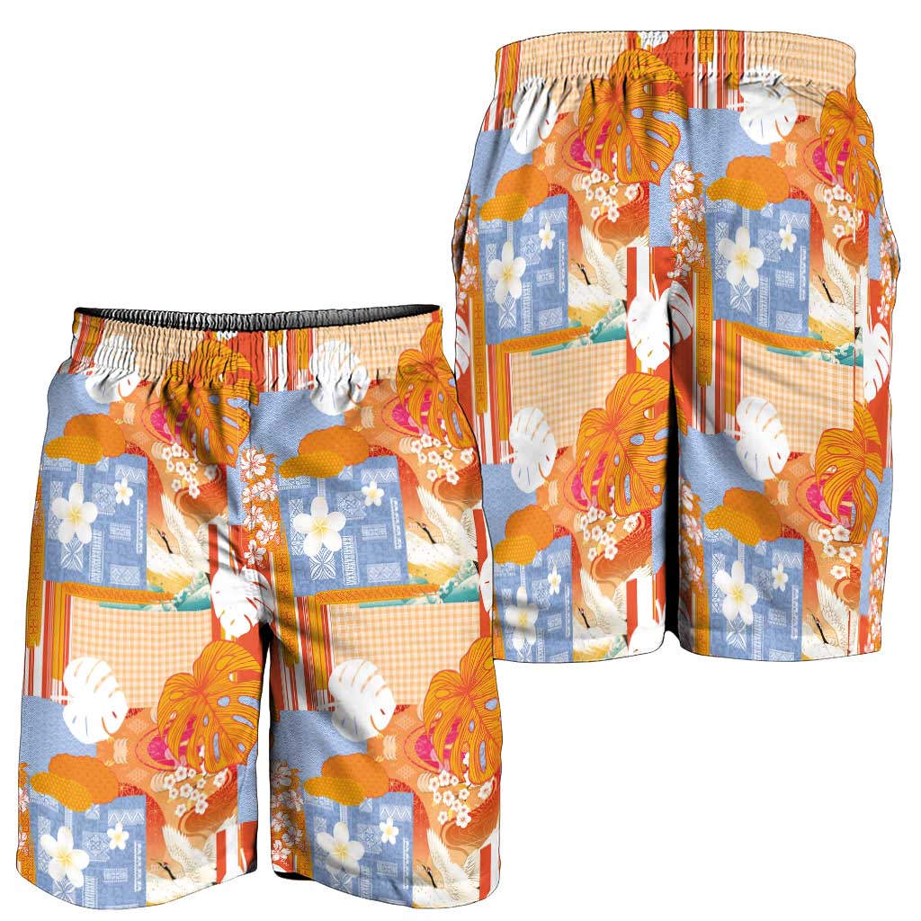 Hawaiian and Japanese Culture Together Shorts for Men Palaka Japanese Art and Tropical Motif Tribal Patchwork LT03 - Polynesian Pride