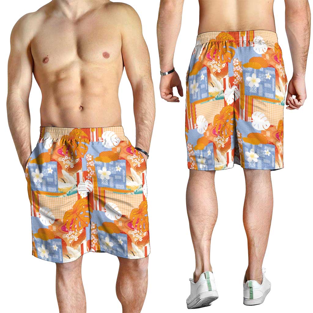Hawaiian and Japanese Culture Together Shorts for Men Palaka Japanese Art and Tropical Motif Tribal Patchwork LT03 - Polynesian Pride