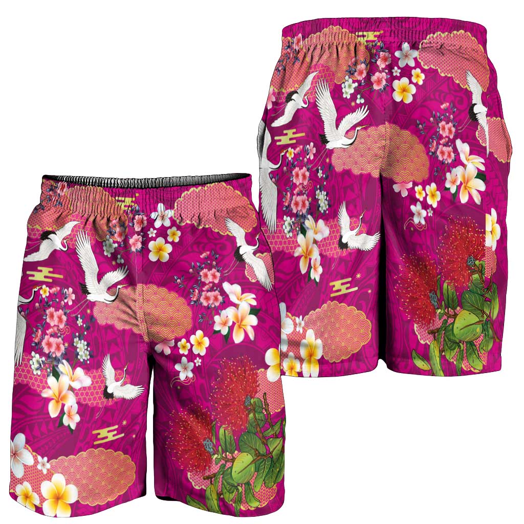 Hawaiian and Japanese Culture Together Shorts for Men Pink Ohia Lehua Plumeria and Sakura Blooming - Polynesian Pride