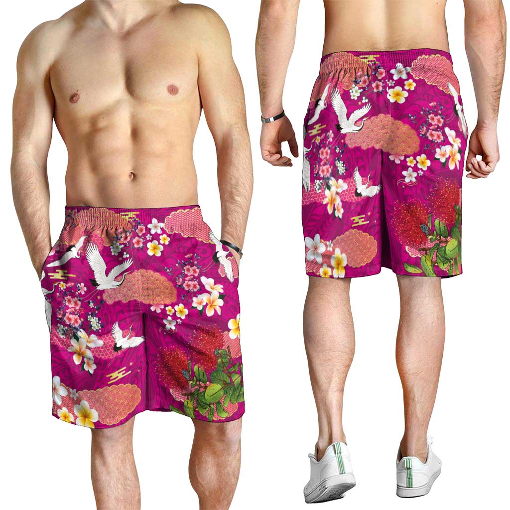 Hawaiian and Japanese Culture Together Shorts for Men Pink Ohia Lehua Plumeria and Sakura Blooming - Polynesian Pride