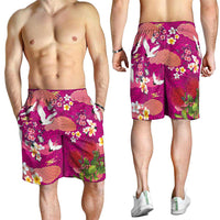 Hawaiian and Japanese Culture Together Shorts for Men Pink Ohia Lehua Plumeria and Sakura Blooming - Polynesian Pride