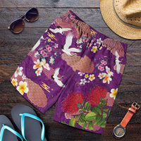 Hawaiian and Japanese Culture Together Shorts for Men Purple Ohia Lehua Plumeria and Sakura Blooming - Polynesian Pride