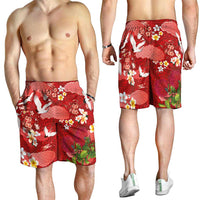 Hawaiian and Japanese Culture Together Shorts for Men Red Ohia Lehua Plumeria and Sakura Blooming - Polynesian Pride