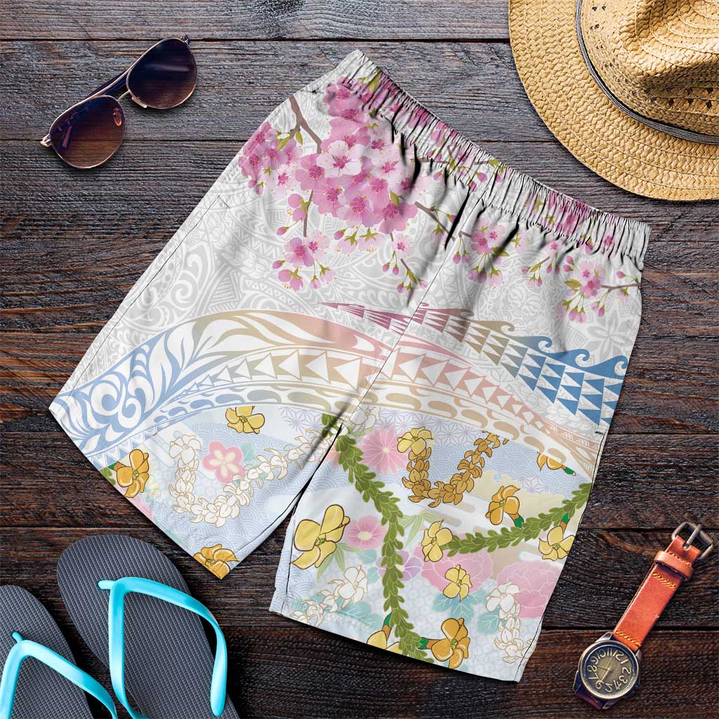 Hawaiian and Japanese Culture Together Shorts for Men Tribal Motifs with Lei and Japanese Sakura Pattern LT03 White - Polynesian Pride