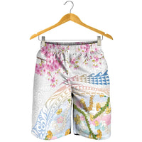 Hawaiian and Japanese Culture Together Shorts for Men Tribal Motifs with Lei and Japanese Sakura Pattern LT03 - Polynesian Pride