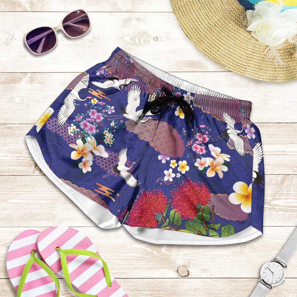 Hawaiian and Japanese Culture Together Shorts for Women Blue Ohia Lehua Plumeria and Sakura Blooming - Polynesian Pride