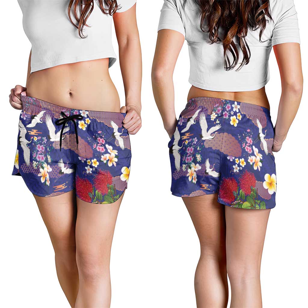 Hawaiian and Japanese Culture Together Shorts for Women Blue Ohia Lehua Plumeria and Sakura Blooming - Polynesian Pride