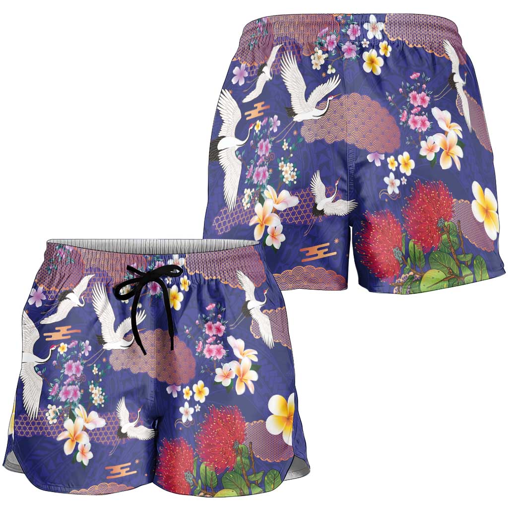 Hawaiian and Japanese Culture Together Shorts for Women Blue Ohia Lehua Plumeria and Sakura Blooming - Polynesian Pride