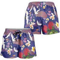 Hawaiian and Japanese Culture Together Shorts for Women Blue Ohia Lehua Plumeria and Sakura Blooming - Polynesian Pride