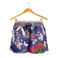 Hawaiian and Japanese Culture Together Shorts for Women Blue Ohia Lehua Plumeria and Sakura Blooming - Polynesian Pride