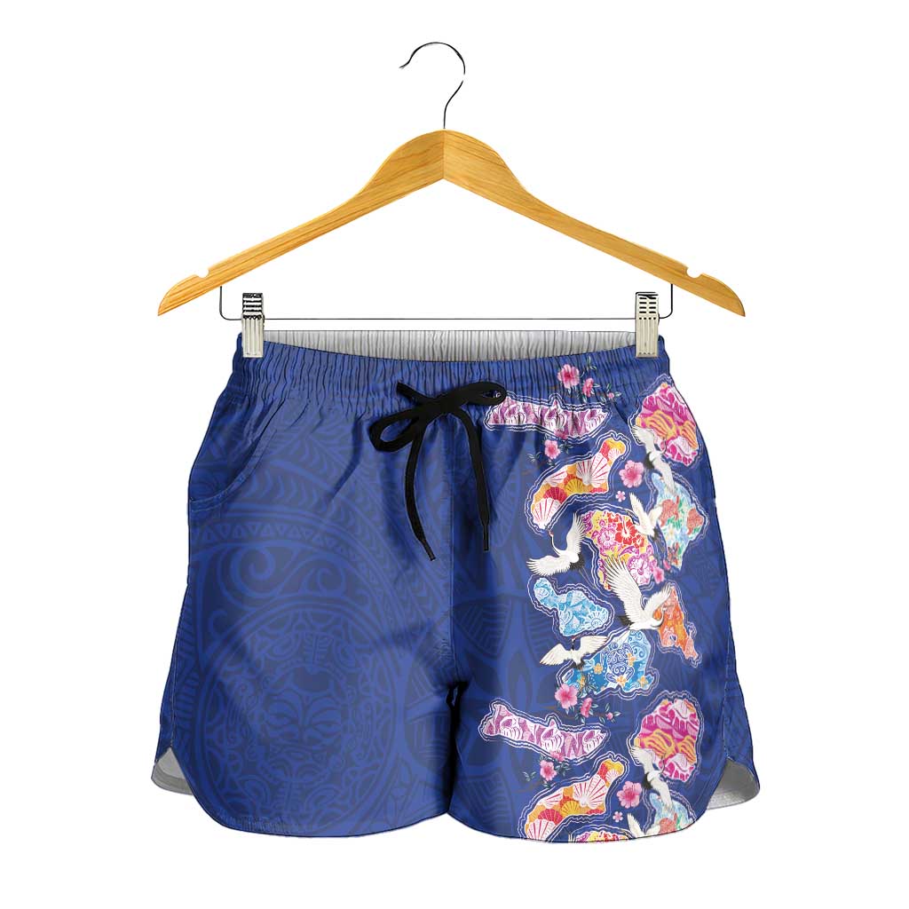 Hawaiian and Japanese Culture Together Shorts for Women Hawaiian Archipelago Shape Sea Animals LT03 - Polynesian Pride