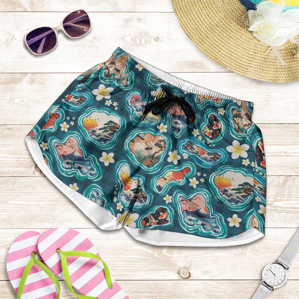 Hawaiian and Japanese Culture Together Shorts for Women Hawaiian Island Shapes with Japanese Landscape Teal Color LT03 Teal - Polynesian Pride