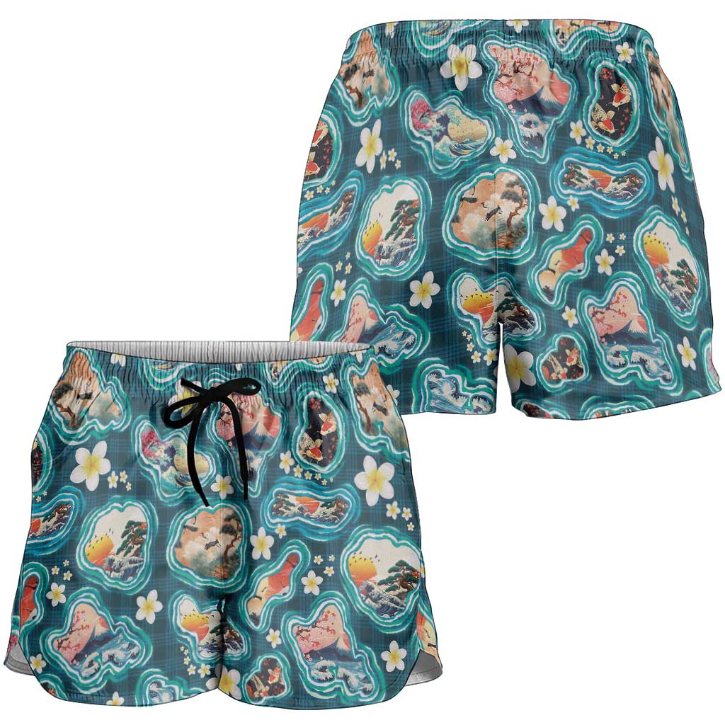 Hawaiian and Japanese Culture Together Shorts for Women Hawaiian Island Shapes with Japanese Landscape Teal Color LT03 - Polynesian Pride