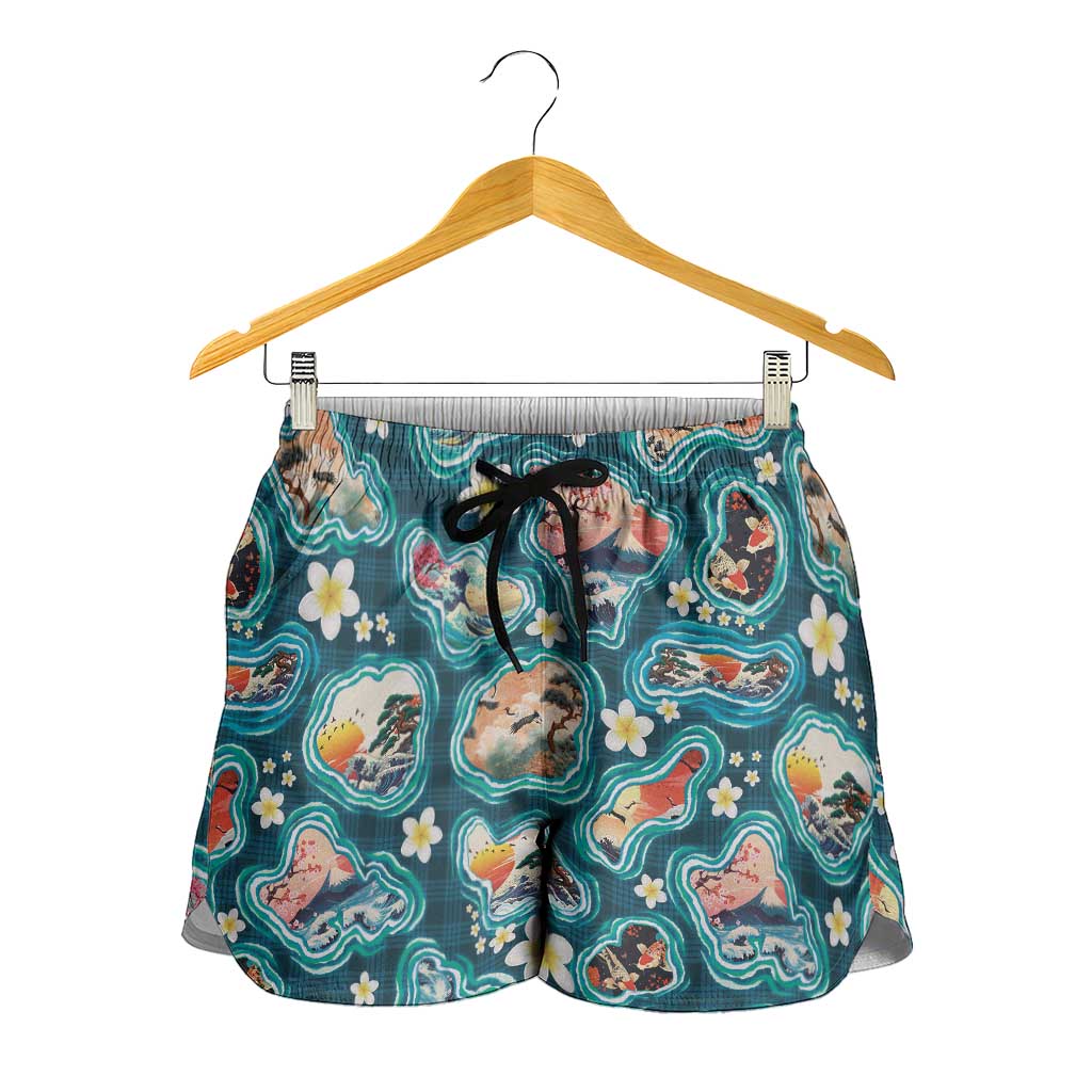 Hawaiian and Japanese Culture Together Shorts for Women Hawaiian Island Shapes with Japanese Landscape Teal Color LT03 - Polynesian Pride