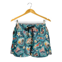 Hawaiian and Japanese Culture Together Shorts for Women Hawaiian Island Shapes with Japanese Landscape Teal Color LT03 - Polynesian Pride