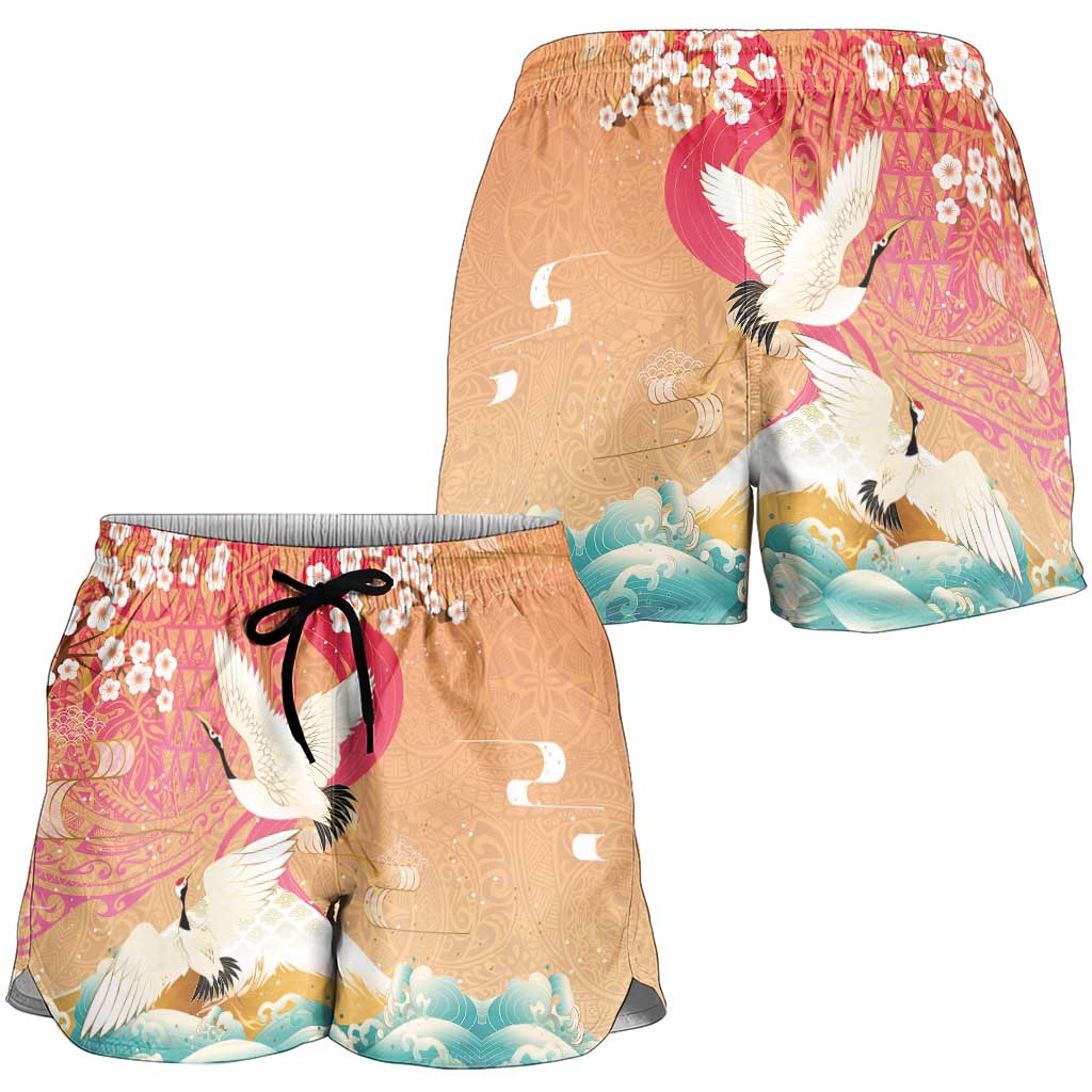 Hawaiian and Japanese Culture Together Shorts for Women Kakau Art Tattoo with Cranes and Sakura Spring Vibe - Polynesian Pride