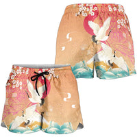Hawaiian and Japanese Culture Together Shorts for Women Kakau Art Tattoo with Cranes and Sakura Spring Vibe - Polynesian Pride