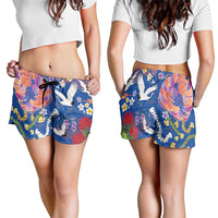 Hawaiian and Japanese Culture Together Shorts for Women Kakau Tribal Pattern and Irezumi Art Blue Color