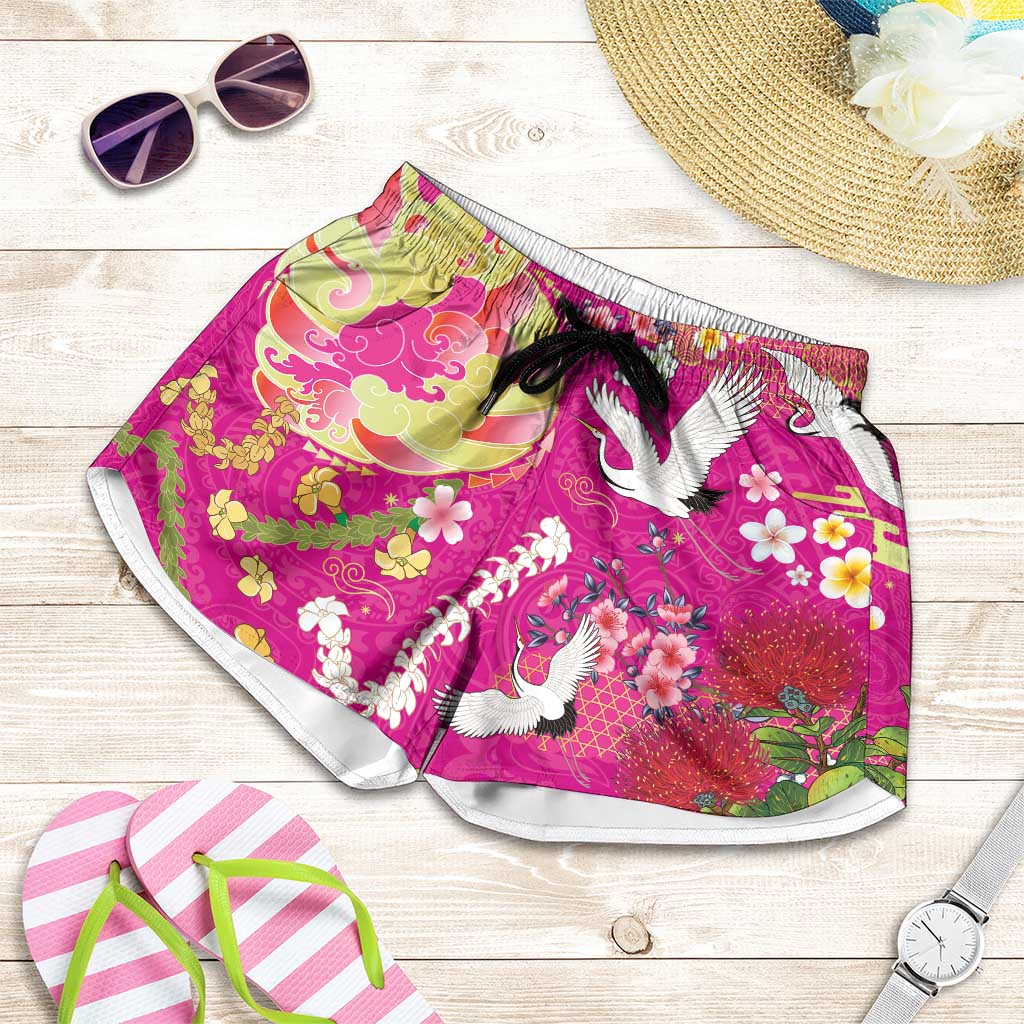 Hawaiian and Japanese Culture Together Shorts for Women Kakau Tribal Pattern and Irezumi Art Pink Color LT03 Pink - Polynesian Pride