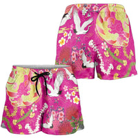 Hawaiian and Japanese Culture Together Shorts for Women Kakau Tribal Pattern and Irezumi Art Pink Color