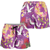 Hawaiian and Japanese Culture Together Shorts for Women Kakau Tribal Pattern and Irezumi Art Purple Color