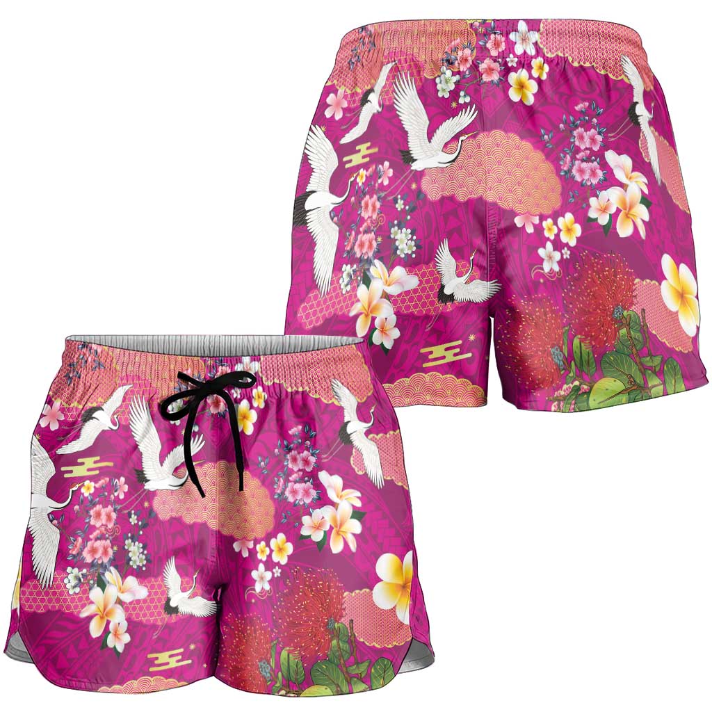 Hawaiian and Japanese Culture Together Shorts for Women Pink Ohia Lehua Plumeria and Sakura Blooming LT03 - Polynesian Pride