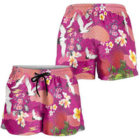 Hawaiian and Japanese Culture Together Shorts for Women Pink Ohia Lehua Plumeria and Sakura Blooming LT03 - Polynesian Pride