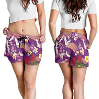 Hawaiian and Japanese Culture Together Shorts for Women Purple Ohia Lehua Plumeria and Sakura Blooming - Polynesian Pride