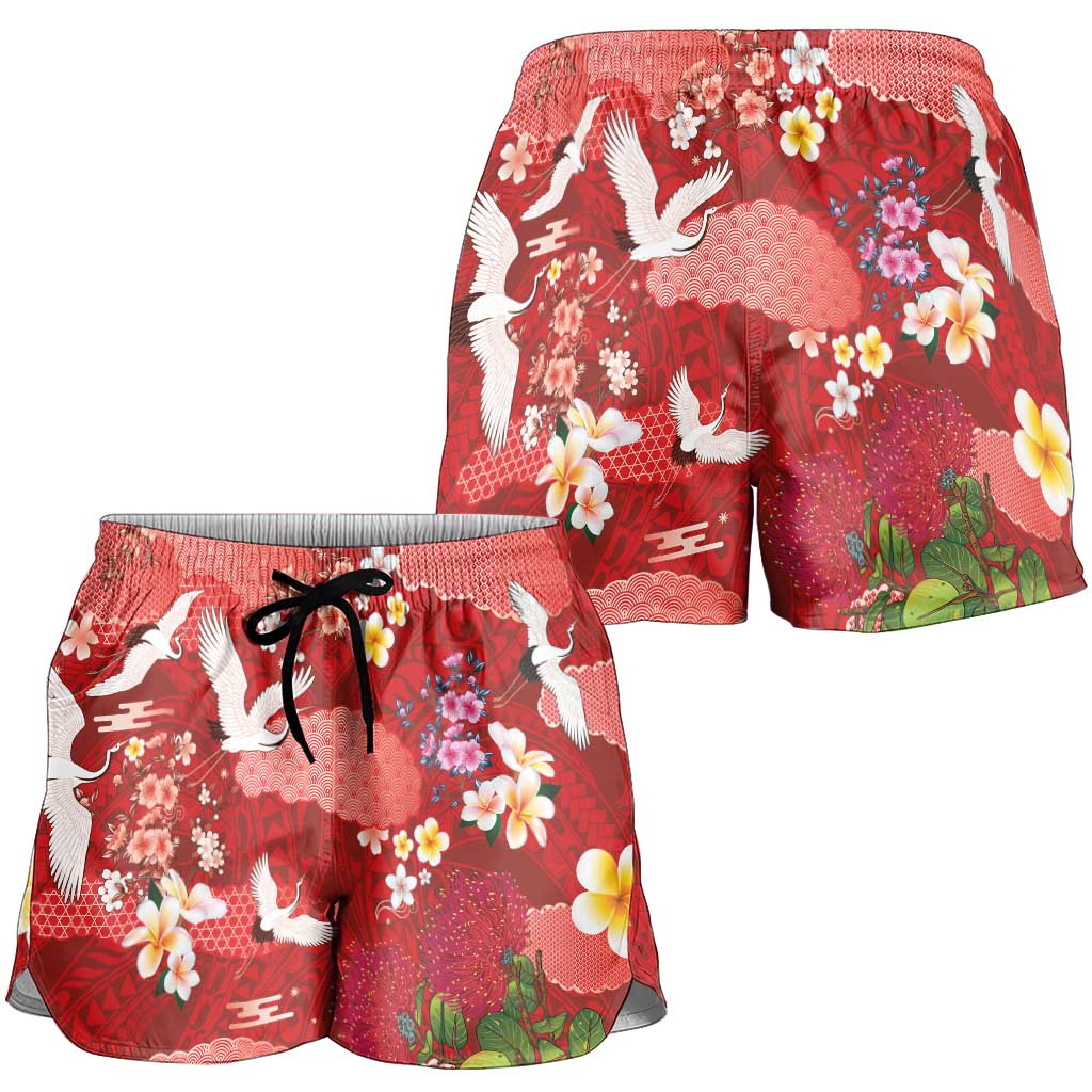 Hawaiian and Japanese Culture Together Shorts for Women Red Ohia Lehua Plumeria and Sakura Blooming - Polynesian Pride