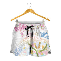 Hawaiian and Japanese Culture Together Shorts for Women Tribal Motifs with Lei and Japanese Sakura Pattern LT03 - Polynesian Pride