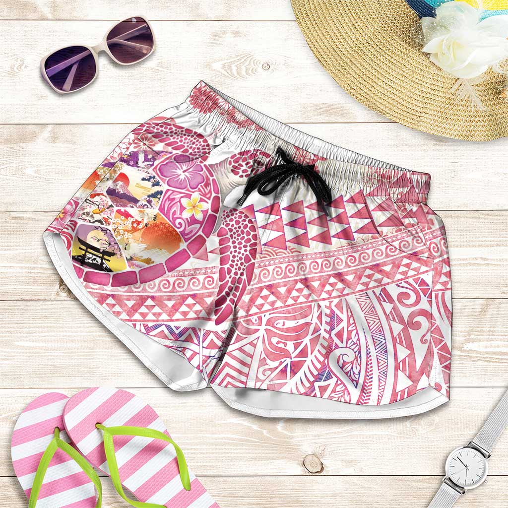 Hawaiian and Japanese Culture Together Shorts for Women Tropical Honu with Japanese Elements Pink Color LT03 Pink - Polynesian Pride