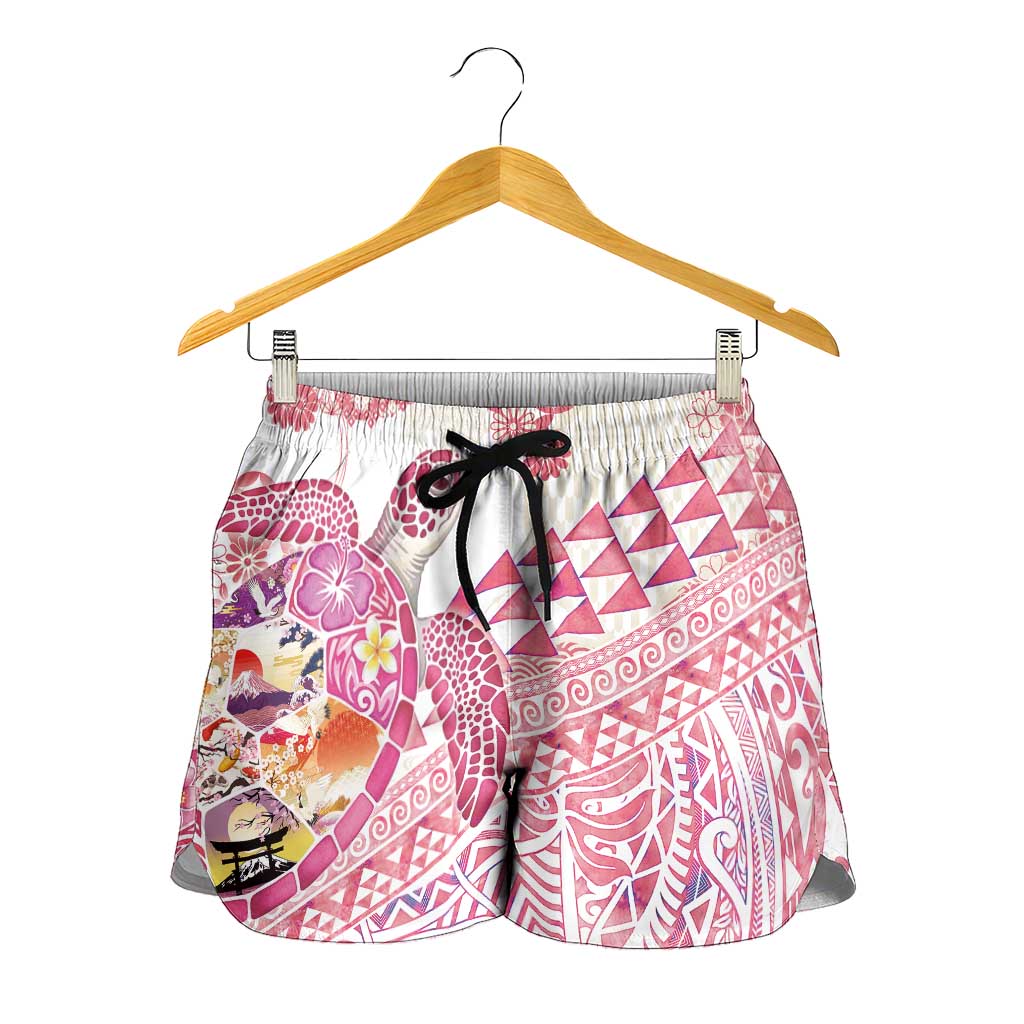 Hawaiian and Japanese Culture Together Shorts for Women Tropical Honu with Japanese Elements Pink Color LT03 - Polynesian Pride