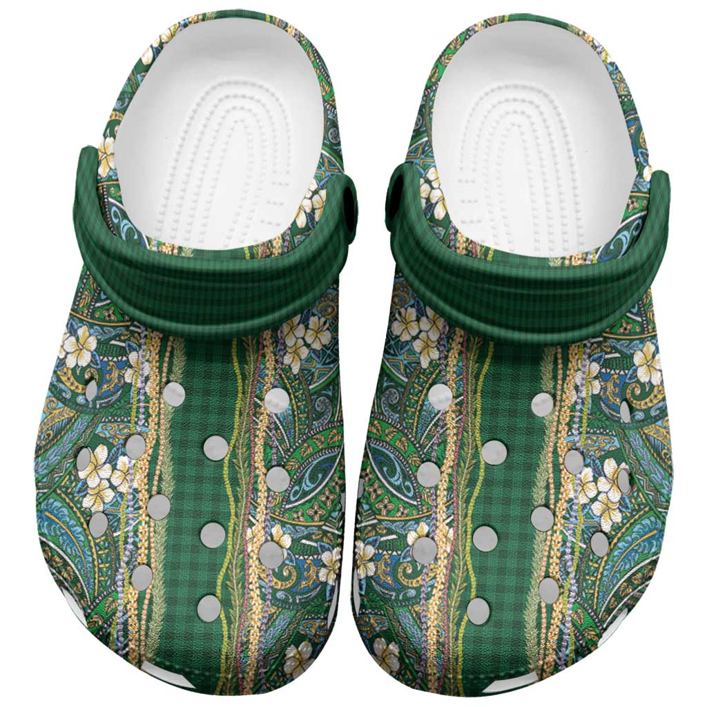 Hawaiian Art Flower Tribal with Lei Clogs Shoes Palaka Pattern Green Color LT03