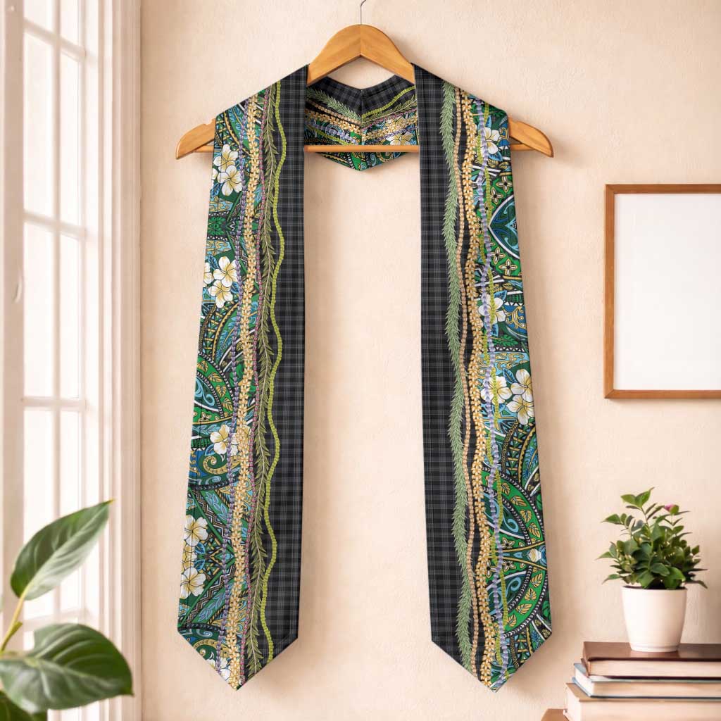 Hawaiian Art Flower Tribal with Lei Graduation Stole Palaka Pattern Black Color