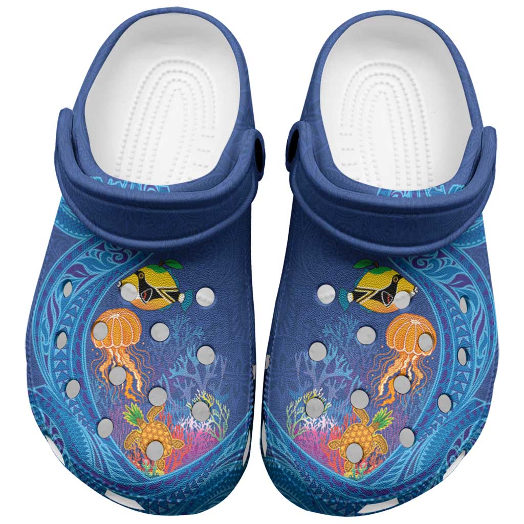 Hawaiian Funny Fruits Sea Animals Clogs Shoes Mango Reef Triggerfish and Pineapple Turtle and Mandarin Jellyfish LT03 Blue - Polynesian Pride