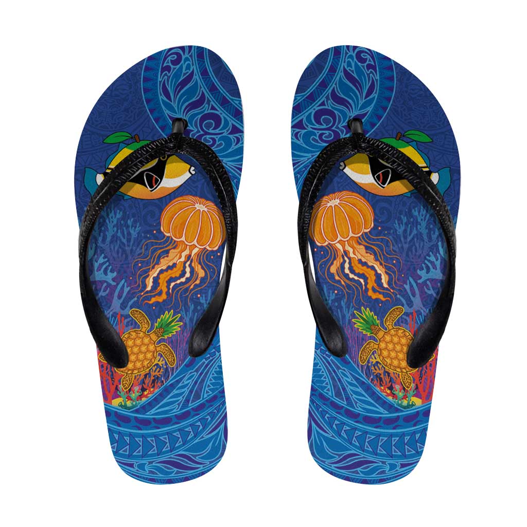 Hawaiian Funny Fruits Sea Animals Flip Flops Mango Reef Triggerfish and Pineapple Turtle and Mandarin Jellyfish LT03 Blue - Polynesian Pride