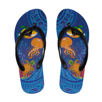 Hawaiian Funny Fruits Sea Animals Flip Flops Mango Reef Triggerfish and Pineapple Turtle and Mandarin Jellyfish LT03 Blue - Polynesian Pride
