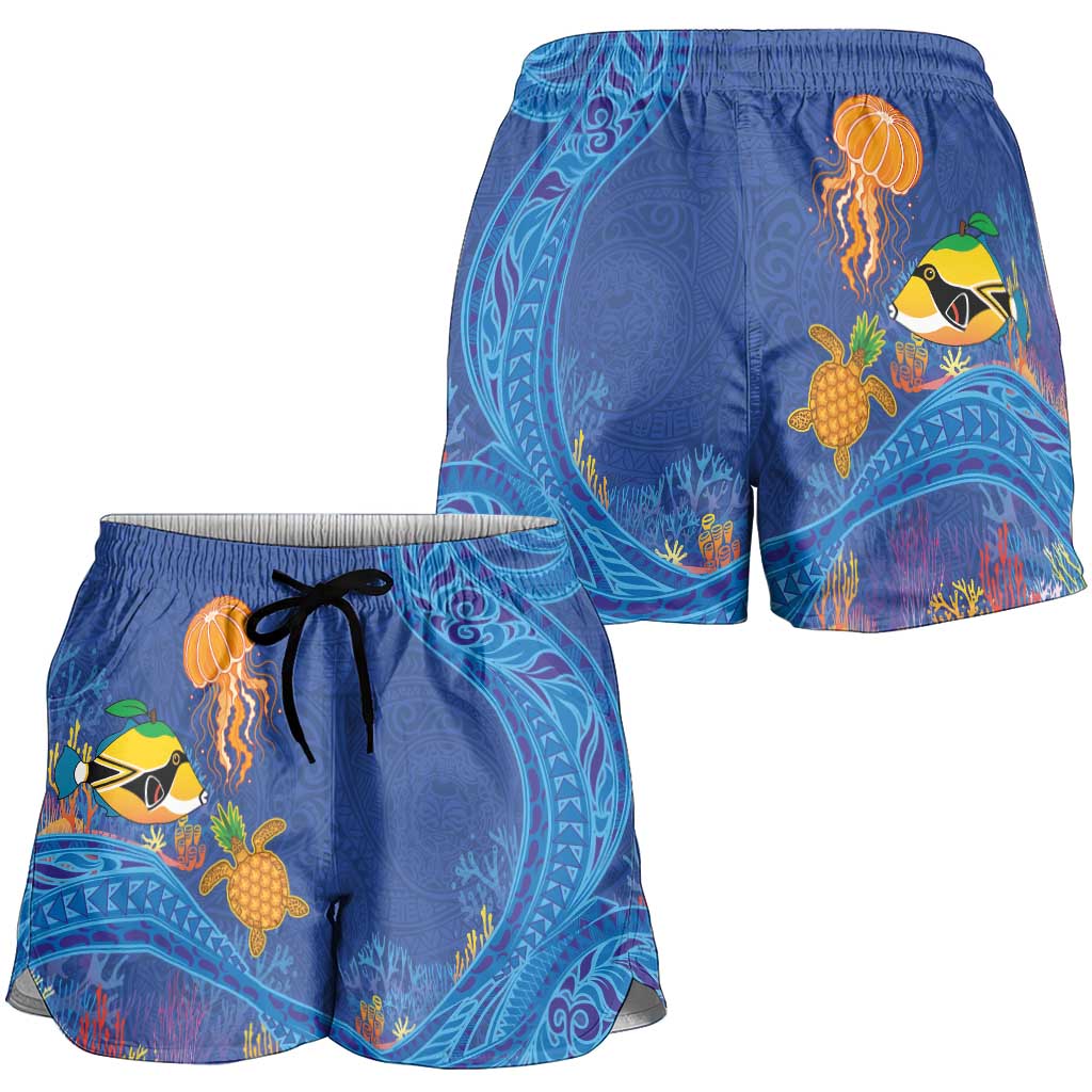 Hawaiian Funny Fruits Sea Animals Shorts for Women Mango Reef Triggerfish and Pineapple Turtle and Mandarin Jellyfish LT03 - Polynesian Pride