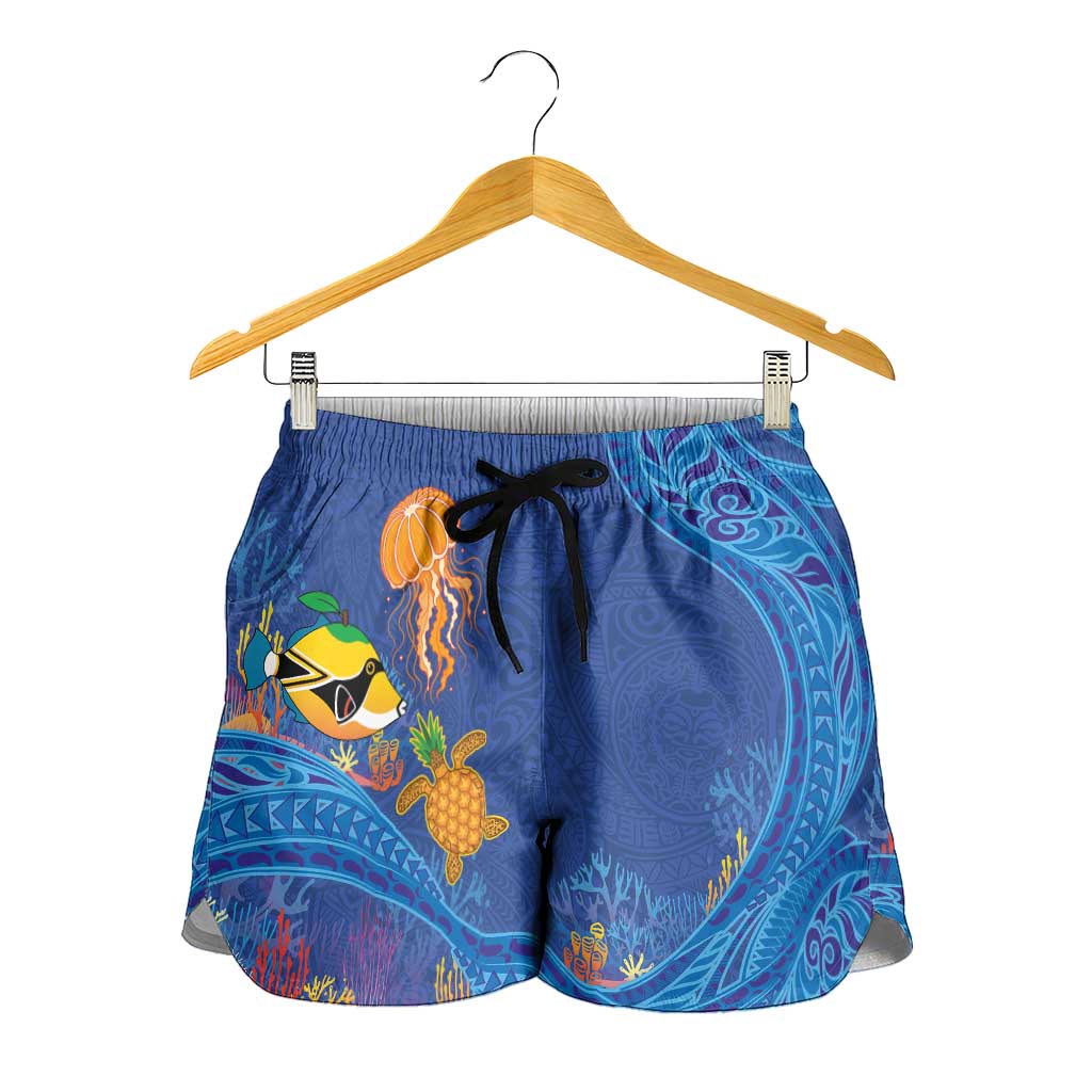 Hawaiian Funny Fruits Sea Animals Shorts for Women Mango Reef Triggerfish and Pineapple Turtle and Mandarin Jellyfish LT03 - Polynesian Pride