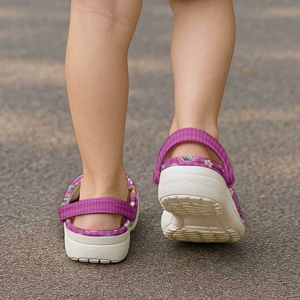 Hawaiian Island Shapes-Iconic Landscape Clogs Shoes with Plumeria and Palaka Pink Color