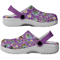 Hawaiian Island Shapes-Iconic Landscape Clogs Shoes with Plumeria and Palaka Purple Color
