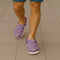 Hawaiian Island Shapes-Iconic Landscape Clogs Shoes with Plumeria and Palaka Purple Color