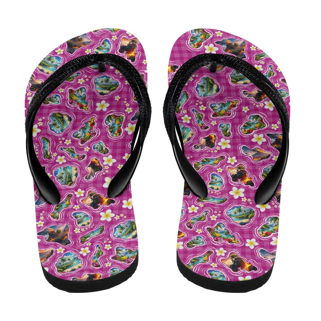 Hawaiian Island Shapes-Iconic Landscape Flip Flops with Plumeria and Palaka Pink Color