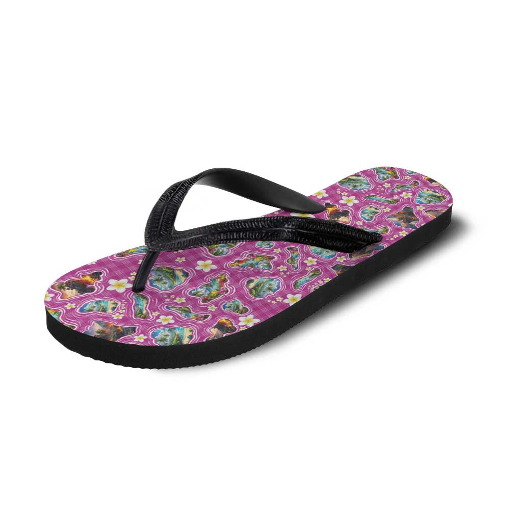 Hawaiian Island Shapes-Iconic Landscape Flip Flops with Plumeria and Palaka Pink Color